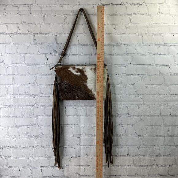 Myra Bag Leather ,Floral Canvas & Cowhide Whipstitch Fringe Crossbody W/ Wallet‎ - Picture 4 of 14
